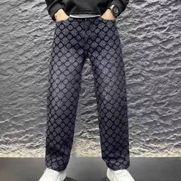 Men's Embroidered Letter High-Waist Jeans – Relaxed Straight-Leg Trousers With Subtle Stretch (Black/Blue)_mkmklike.com