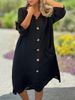 women's clothing new casual loose cotton and linen pocket 7-point sleeve button long skirt dress for women_mkmklike.com