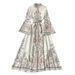 Women's Clothing Spring new style retro printed round neck bell sleeve dress women's single breasted large hem irregular pleated long skirt_mkmklike.com