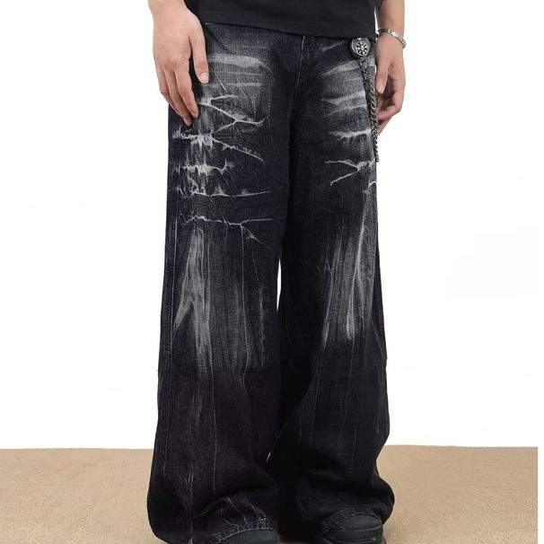 Men's Retro Wide-Leg Jeans – Vintage Watermark Design, Loose Fit & Floor-Length (Black/Gray, S-3XL)_mkmklike.com