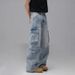 Tide Brand American Washed Multi-pocket Splicing Design Sense Tooling Jeans Men's And Women's Street Versatile Straight Trousers_mkmklike.com