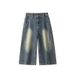 American High Street Style Diagonal Cut Patchwork Washed Cropped Pants, Trendy Brand, Cool And Casual, Loose Wide-leg_mkmklike.com