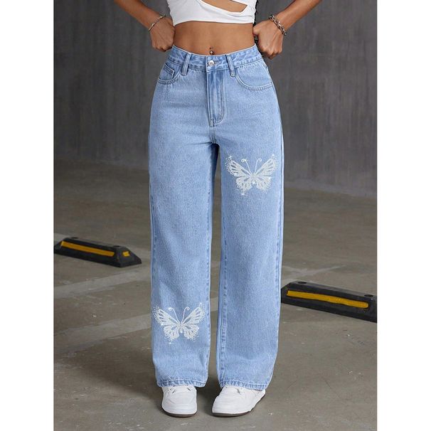 High Street Y2K Women's Straight Leg Slim Fit Jeans Butterfly Print Fashion Elegant Spring Autumn New Trade_mkmklike.com
