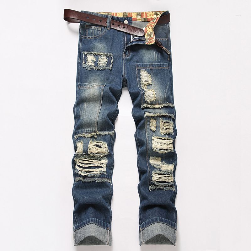 Men's Street Style Heavy Work Hole Scratched Patched Fashion Casual Denim Trousers_mkmklike.com