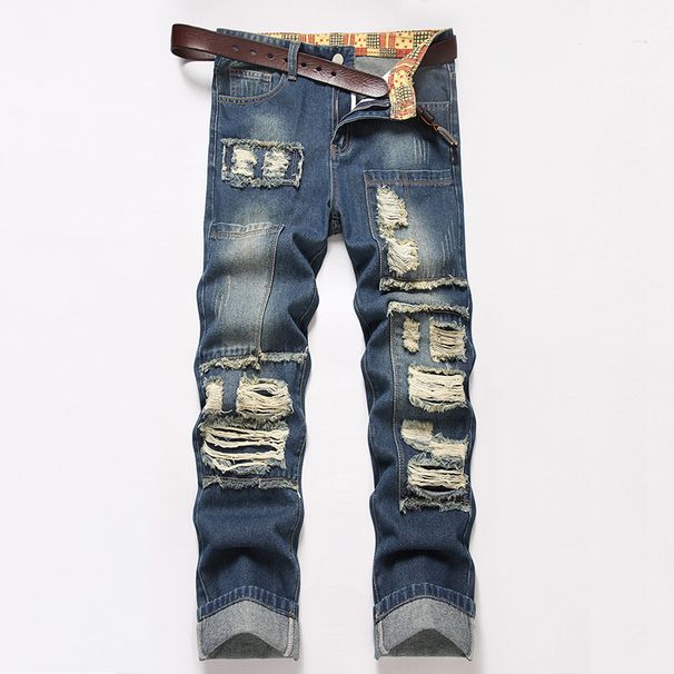 Men's Street Style Heavy Work Hole Scratched Patched Fashion Casual Denim Trousers_mkmklike.com