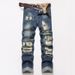 Men's Street Style Heavy Work Hole Scratched Patched Fashion Casual Denim Trousers_mkmklike.com