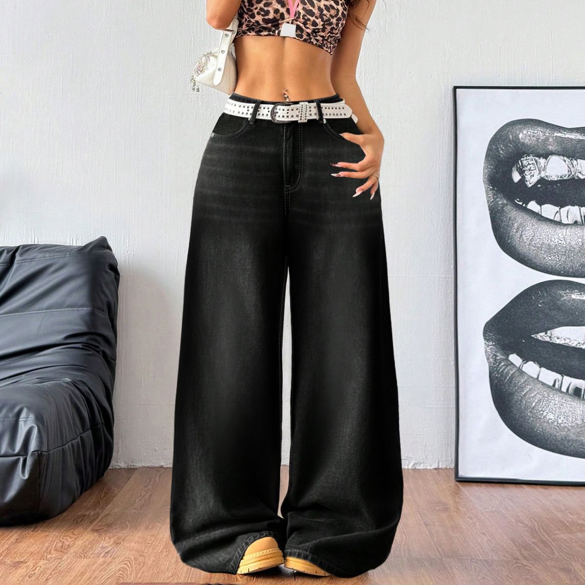Women's Black Wide Leg Distressed Denim Jeans - Loose Fit Casual High Waist Long Pants For Everyday Comfort_mkmklike.com