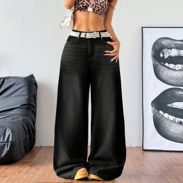 Women's Black Wide Leg Distressed Denim Jeans - Loose Fit Casual High Waist Long Pants For Everyday Comfort_mkmklike.com
