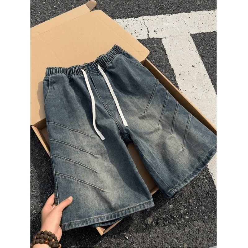 Men's Distressed Washed Denim Shorts Ombre Graffiti Loose Fit Drawstring Black to Blue S-3XL_mkmklike.com