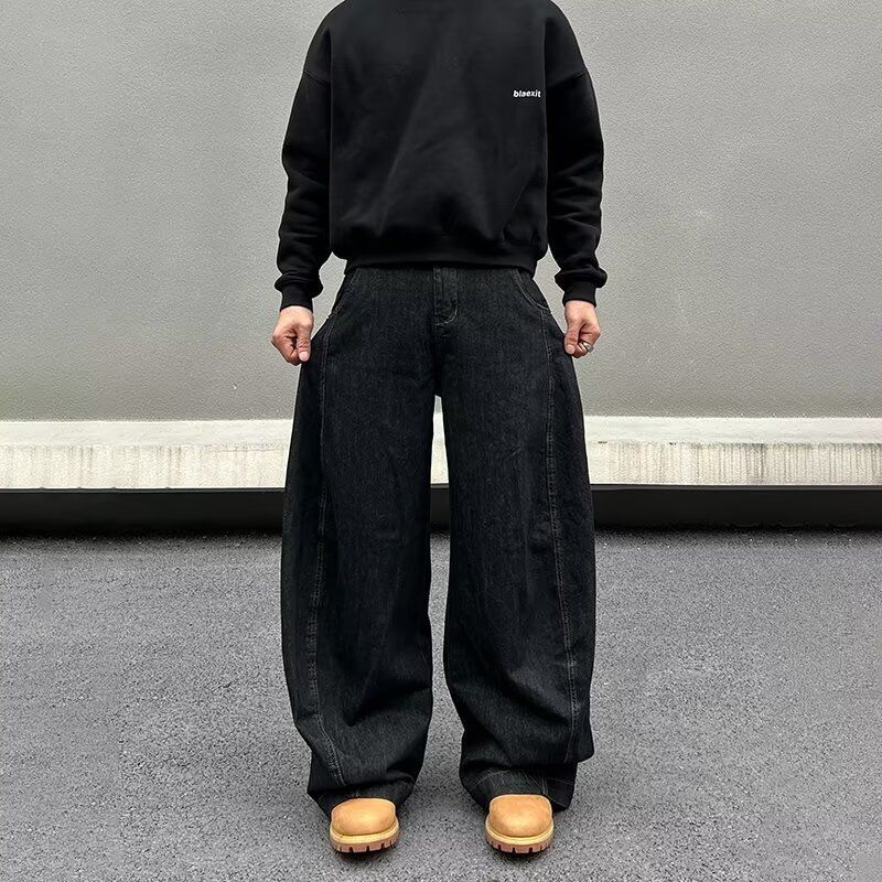 Men's Style Banana Jeans Black Flared Wide Leg High Street Curved Knife Style Mid Waist Slightly Stretchable_mkmklike.com
