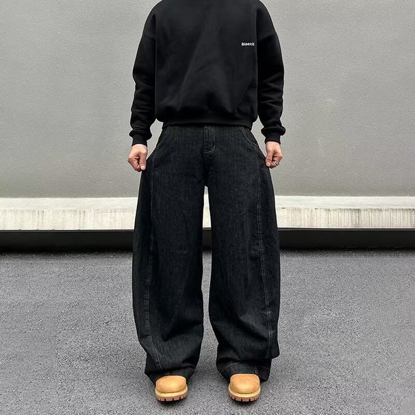 Men's Style Banana Jeans Black Flared Wide Leg High Street Curved Knife Style Mid Waist Slightly Stretchable_mkmklike.com