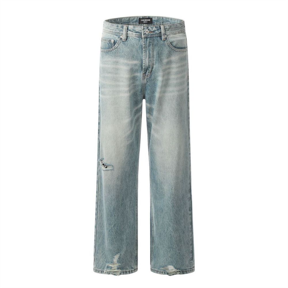 Distressed Washed Denim Straight Pants Men Punk Vibe Trendy Brand Vintage Frayed Casual Loose Wide-Leg Long Trousers_mkmklike.com