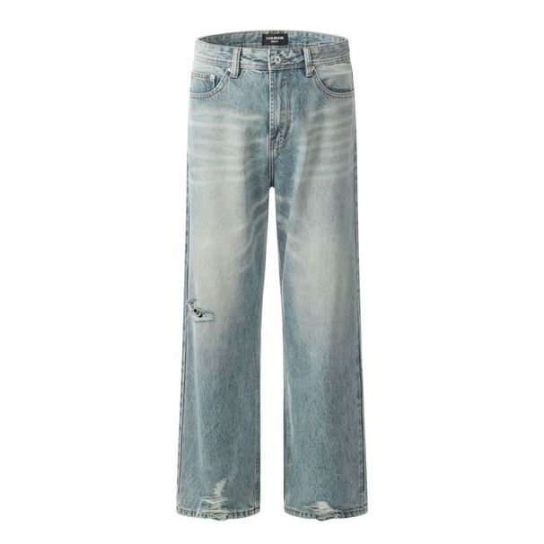 Distressed Washed Denim Straight Pants Men Punk Vibe Trendy Brand Vintage Frayed Casual Loose Wide-Leg Long Trousers_mkmklike.com