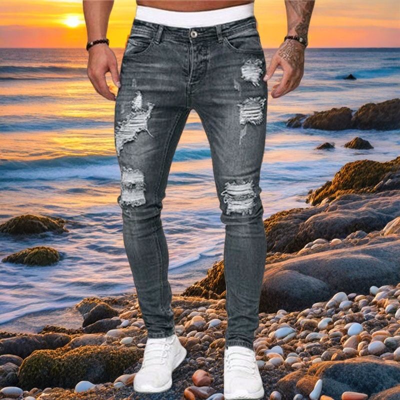 New Trendy European And American Style Slim Fit Men's With Ripped Holes, Export Quality, Cross-Border_mkmklike.com