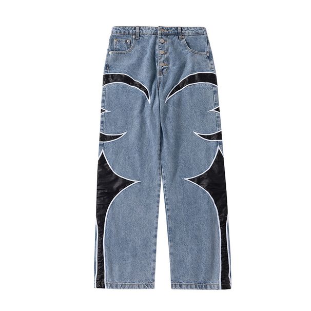 Men's Casual Washed Distressed Denim Pants Midweight Cotton Embroidered Leather Patchwork Loose Straight Leg Black Wide Leg Jeans_mkmklike.com