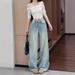 Floral Embroidered Flare Jeans For Women – High-Waisted Wide Leg Pants With Rhinestones, Winter Fleece Lined, Stretch Denim (S-2xl, Light Blue)_mkmklike.com