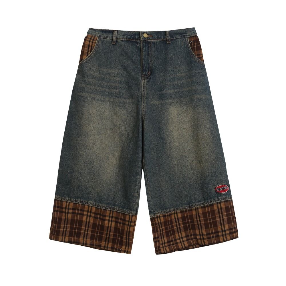 Punk Vintage Washed Denim For Men High Street Trendy Brand Plaid Patchwork Design Loose Straight Five-Point Shorts_mkmklike.com