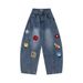 American High Street Floral Patch Flocked Embroidery Scimitar Jeans Men's Vibe Trendy Loose Washed Long Pants_mkmklike.com