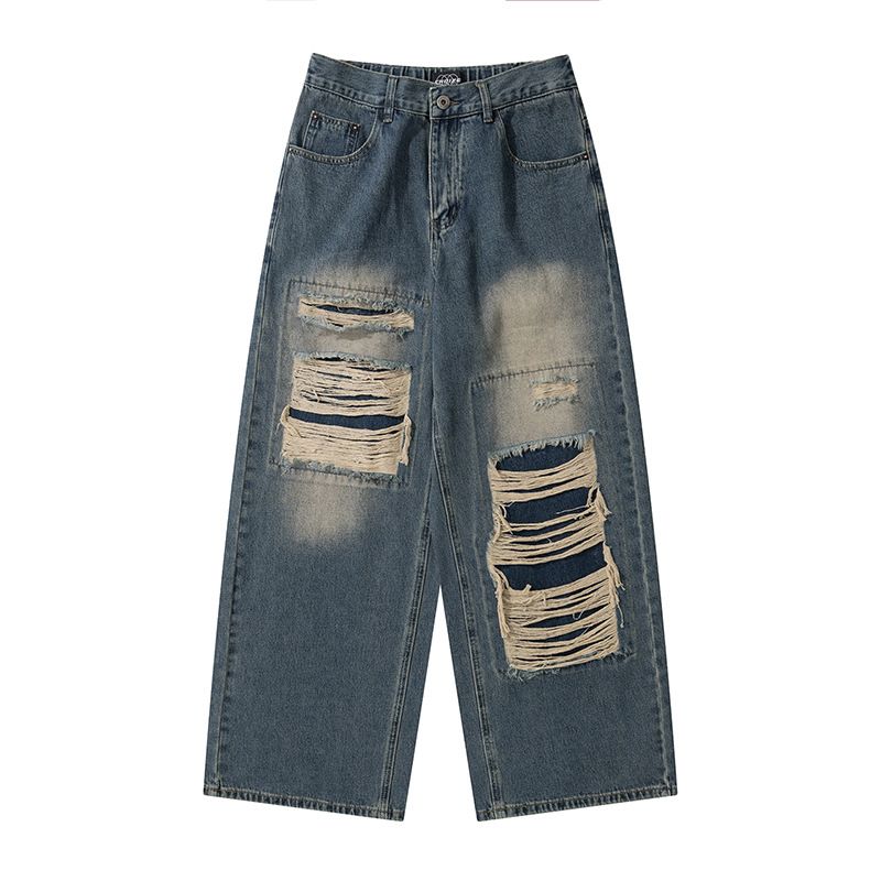Men's Clothing American Retro Street Washed Ripped Jeans For Men And Women Ins Trendy Loose Slimming Straight Wide Leg Casual Trousers_mkmklike.com