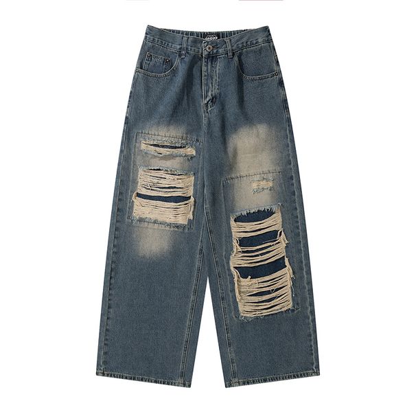 Men's Clothing American Retro Street Washed Ripped Jeans For Men And Women Ins Trendy Loose Slimming Straight Wide Leg Casual Trousers_mkmklike.com