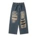 Men's Clothing American Retro Street Washed Ripped Jeans For Men And Women Ins Trendy Loose Slimming Straight Wide Leg Casual Trousers_mkmklike.com