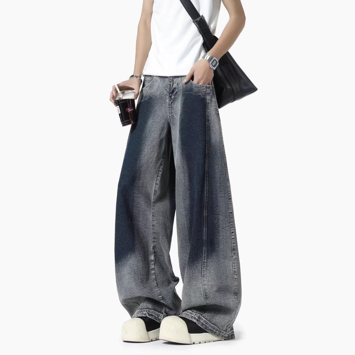 Men's Vintage Washed Denim Jeans – Retro American High Street Style, Relaxed Straight Leg With Dye Splice & Distressed Detailing_mkmklike.com