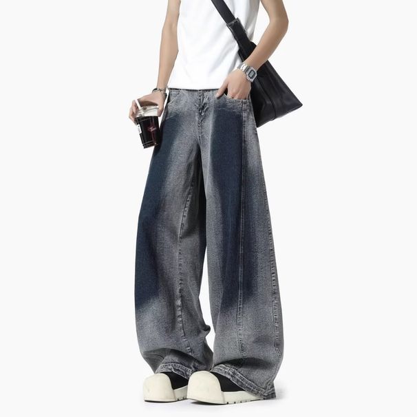Men's Vintage Washed Denim Jeans – Retro American High Street Style, Relaxed Straight Leg With Dye Splice & Distressed Detailing_mkmklike.com