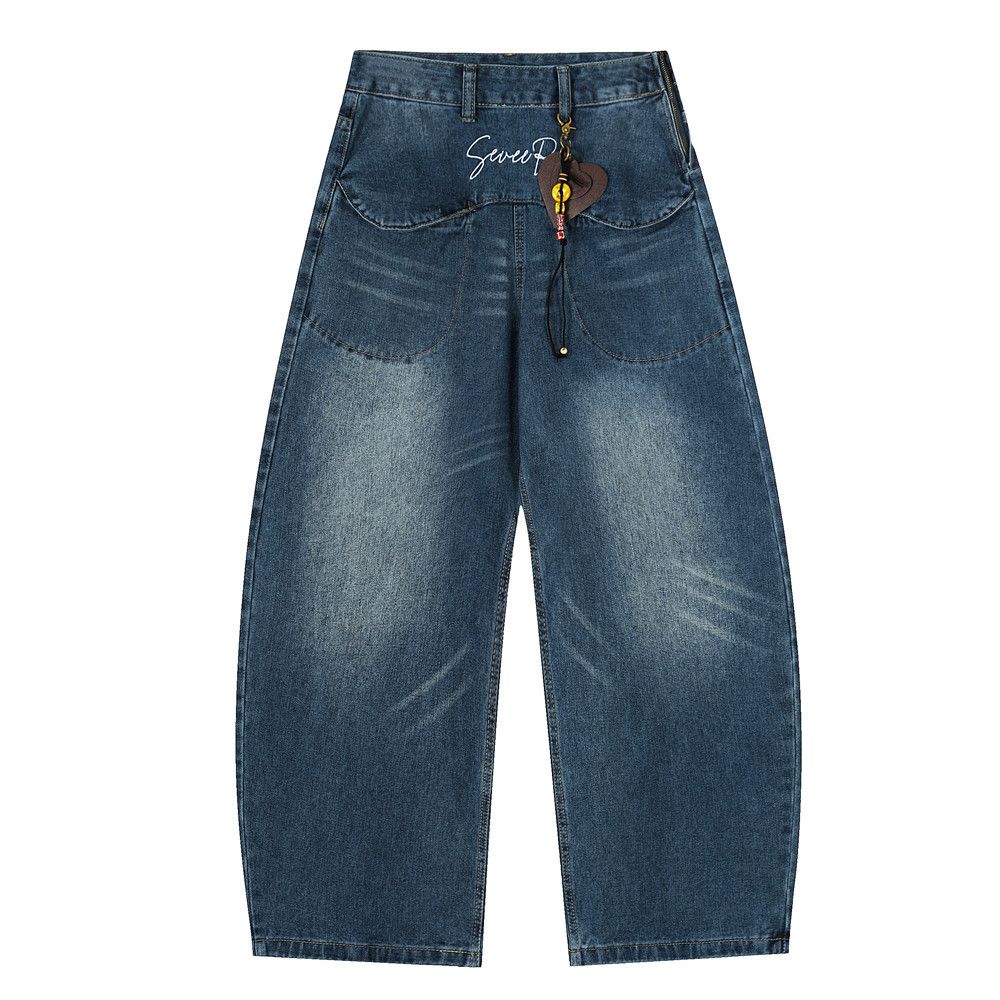 American Style Letter Embroidery Jeans Scimitar Men's Washed Pendant Decoration Wide Leg Loose Long Pants_mkmklike.com