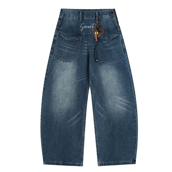 American Style Letter Embroidery Jeans Scimitar Men's Washed Pendant Decoration Wide Leg Loose Long Pants_mkmklike.com