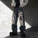 Men's Oversized Straight-Leg Jeans – Distressed Washed Denim With Graffiti Face Print & Fake Rips (Streetwear, Urban Style, Low Waist, Unisex Appeal)_mkmklike.com