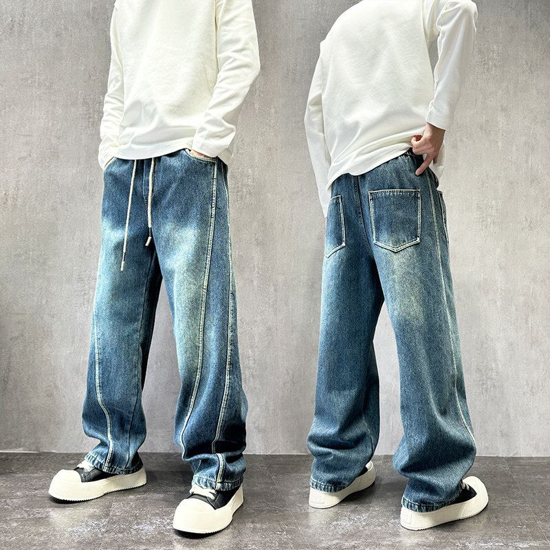 Men's Clothing Retro Patchwork Washed Curved Jeans Loose Wide Leg Straight Leg Trousers Trendy Denim Style For Men_mkmklike.com