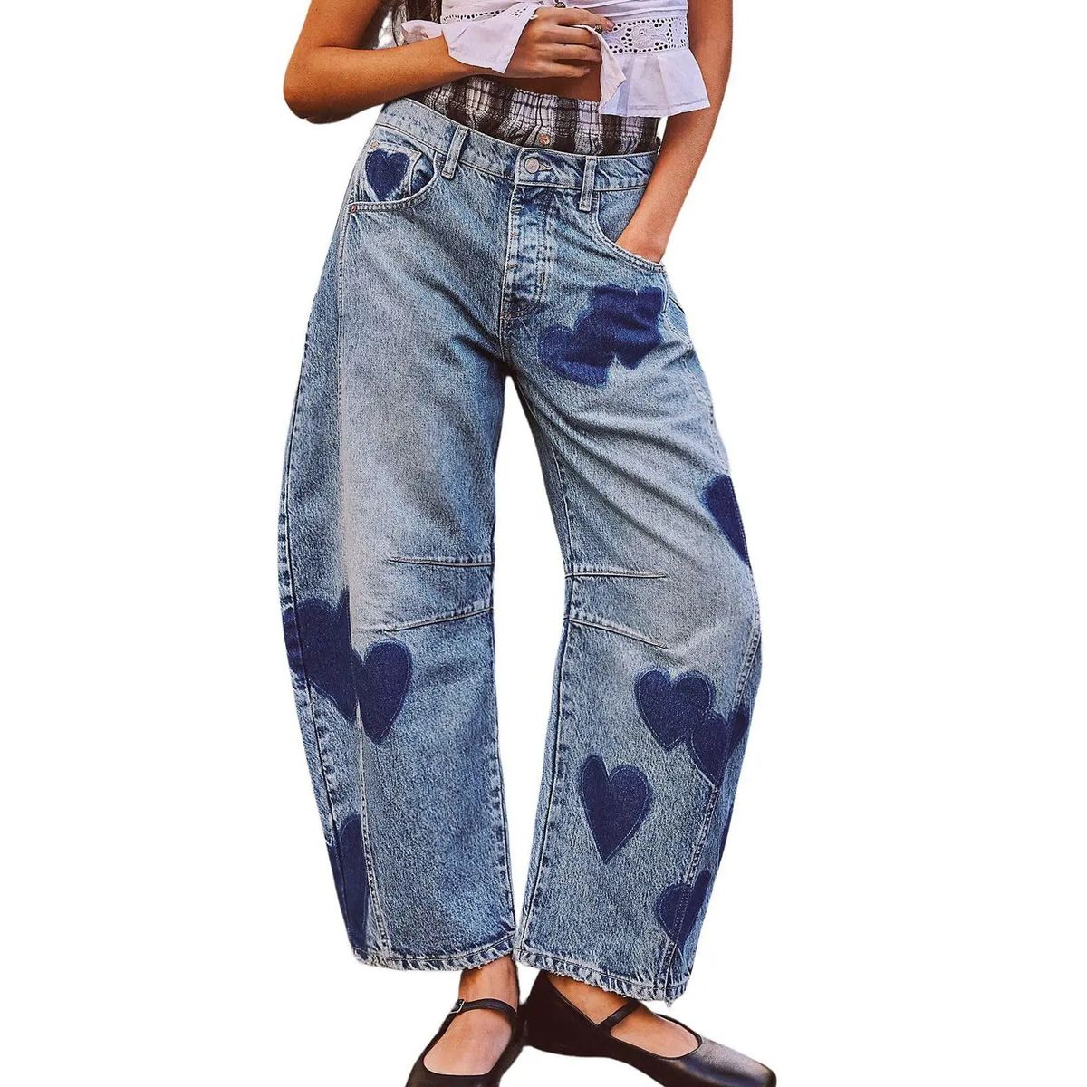 Women's Loose Straight Leg Jeans Trousers Heart Print Denim Jeans Relaxed Everyday Wear Versatile Comfortable Feshion Trend_mkmklike.com