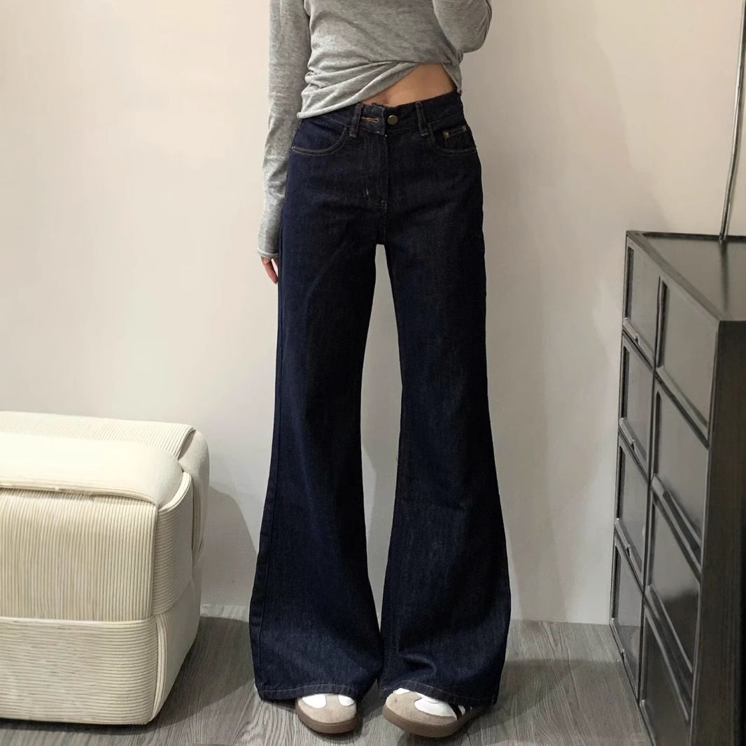 Women's High-Waisted Dark Blue Wide Leg Jeans American Style Unique Design Loose Fit Slimming Straight Leg Comfortable Spring/Autumn_mkmklike.com