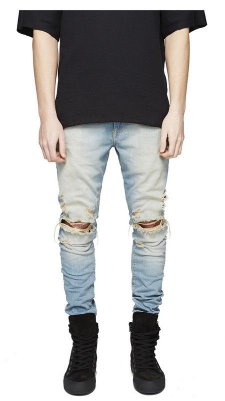 REPPUNK Men's Distressed Denim Jeans - High Street Fashion, Straight Fit, Comfortable Cotton Stretch, Vintage Wash (Multiple Colors & Sizes)_mkmklike.com
