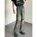 2026 American Retro Heavy Duty Rhinestone Ripped Flare Jeans For Men Niche Design, Straight Leg Casual Pants_mkmklike.com