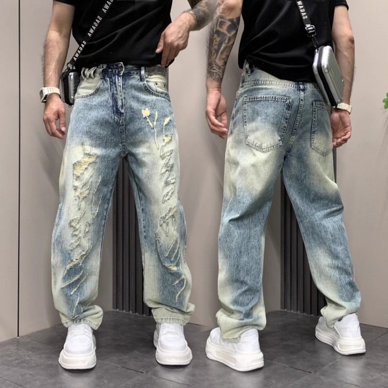 "Men's Distressed Straight Leg Jeans – Vintage Washed Blue Denim With Ripped Details, Trendy Instagram Style (Sizes M-XXXL)"_mkmklike.com