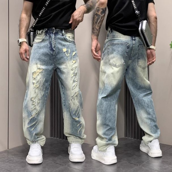 "Men's Distressed Straight Leg Jeans – Vintage Washed Blue Denim With Ripped Details, Trendy Instagram Style (Sizes M-XXXL)"_mkmklike.com