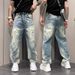 "Men's Distressed Straight Leg Jeans – Vintage Washed Blue Denim With Ripped Details, Trendy Instagram Style (Sizes M-XXXL)"_mkmklike.com