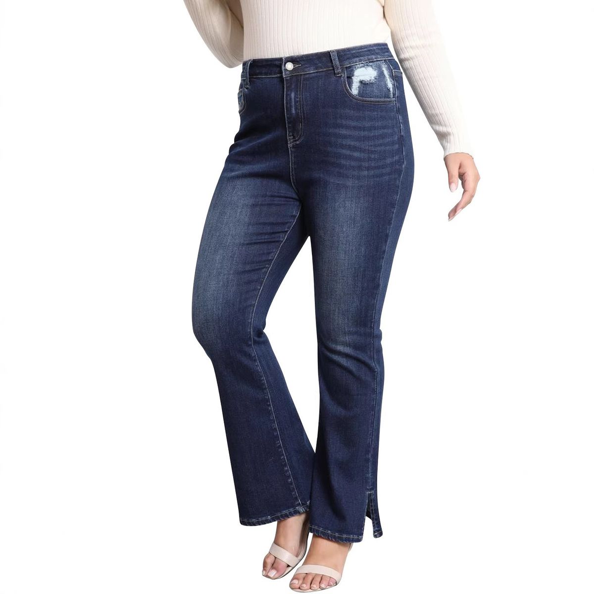 Women's Long Stretchy Slim Fit Flared Pants with Slits Washed Denim Jeans European American Style Cross Border E-commerce_mkmklike.com