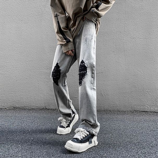 Nordmann American Style Men's Jeans With Design Sense, Side Slit, Zipper, Hip-Hop Casual Pants, Loose Straight Leg, Autumn And_mkmklike.com