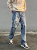 Unisex Retro Patchwork Embroidered Distressed Jeans - Relaxed Straight Fit, Raw Hem Detailing (Blue Wash & Black)_mkmklike.com