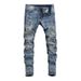 Men's Slim Fit Jeans Distressed Vintage Washed Light Blue Denim Pants with Paint Splatter And Knee Rips Streetwear Skinny Trousers_mkmklike.com