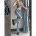 ELLE Light Blue High Waist Stretch Pants Women Summer 2022 New Korean Style Slimming Tall Slim Fit Flared Jeans Trendy_mkmklike.com