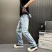 Light Blue Slim Fit Ripped Jeans For Men Straight Leg Washed Retro Style Slightly Flared Durable Harem Pants Spring Autumn_mkmklike.com