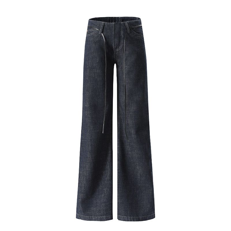 Dark Blue Low Rise Raw Denim Jeans Women's Retro Washed Casual Wide Leg Straight Leg Jeans No Waistband Design For Autumn Winter Style_mkmklike.com