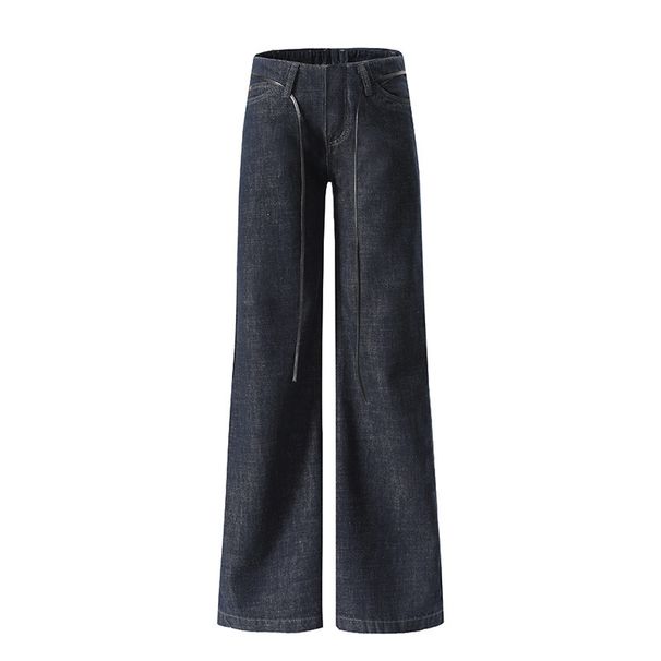 Dark Blue Low Rise Raw Denim Jeans Women's Retro Washed Casual Wide Leg Straight Leg Jeans No Waistband Design For Autumn Winter Style_mkmklike.com