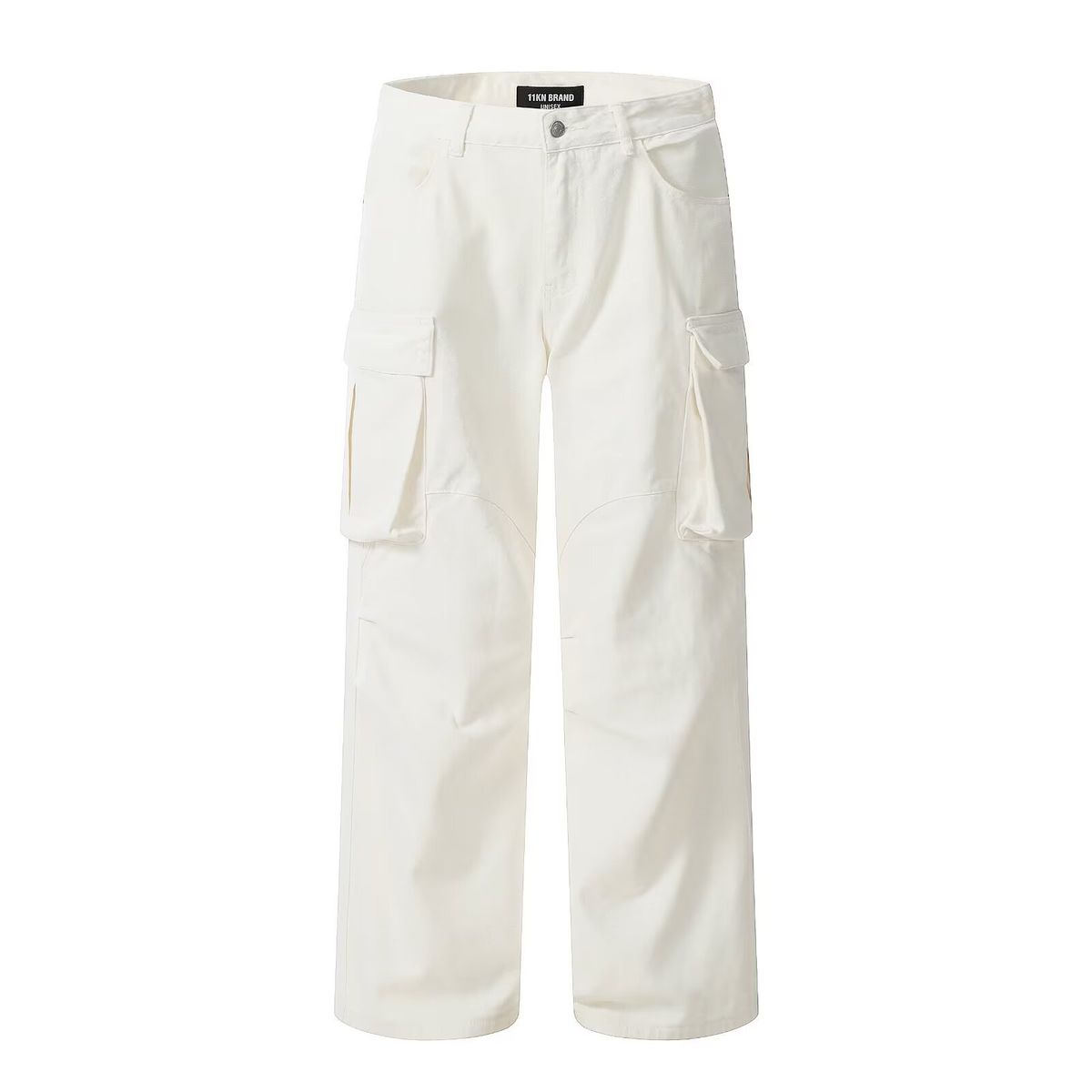 New High-end Design American Retro Multi-pocket Loose Straight Drape Men's And Women's White Denim Tooling Trousers_mkmklike.com