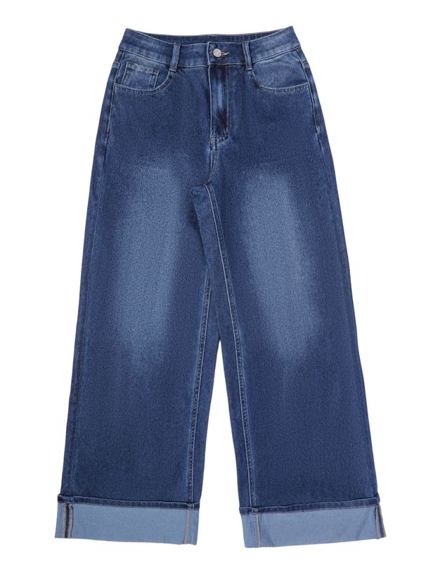 TK197 Women's Retro High-Waisted Straight Leg Jeans Dark Blue Washed Wide Leg Pants_mkmklike.com