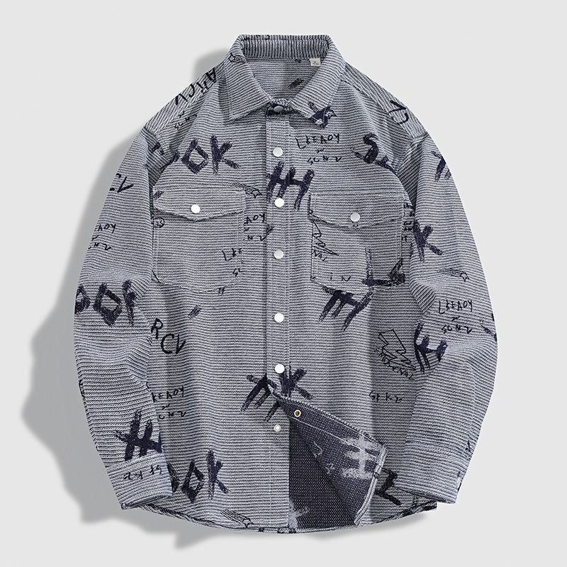 Muqiu Wear 2025 Spring And Autumn New Denim Men's Loose Jacquard Long Sleeve Casual Rascal Shirt Coat_mkmklike.com