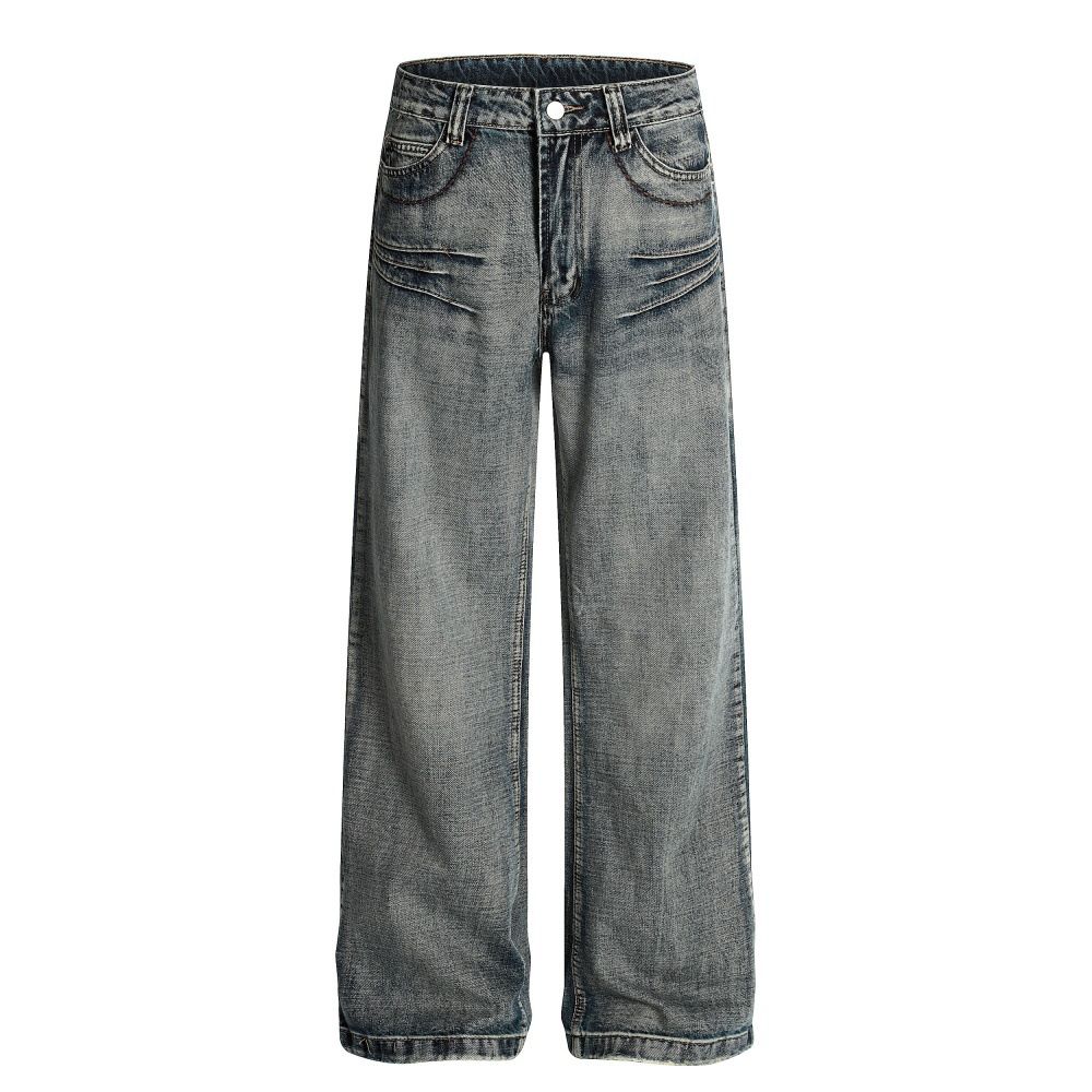 Heavy-duty Washed Denim Straight-leg Men's Punk Street Fashion Design Distressed Wide-leg Loose Pants_mkmklike.com